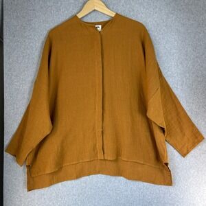 BECASA Euro Washed Linen Oversized Button Front Top Ochre Brown Lagenlook S / M